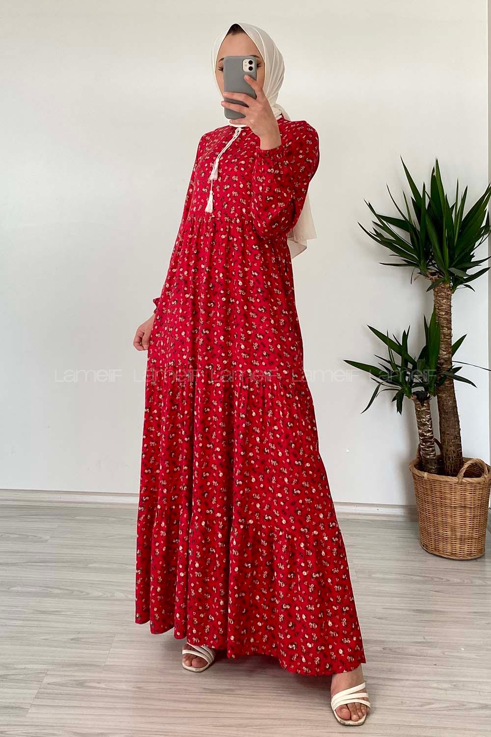 Modalamelif YaKa Bağlamalı Desenli Elbise Kırmızı