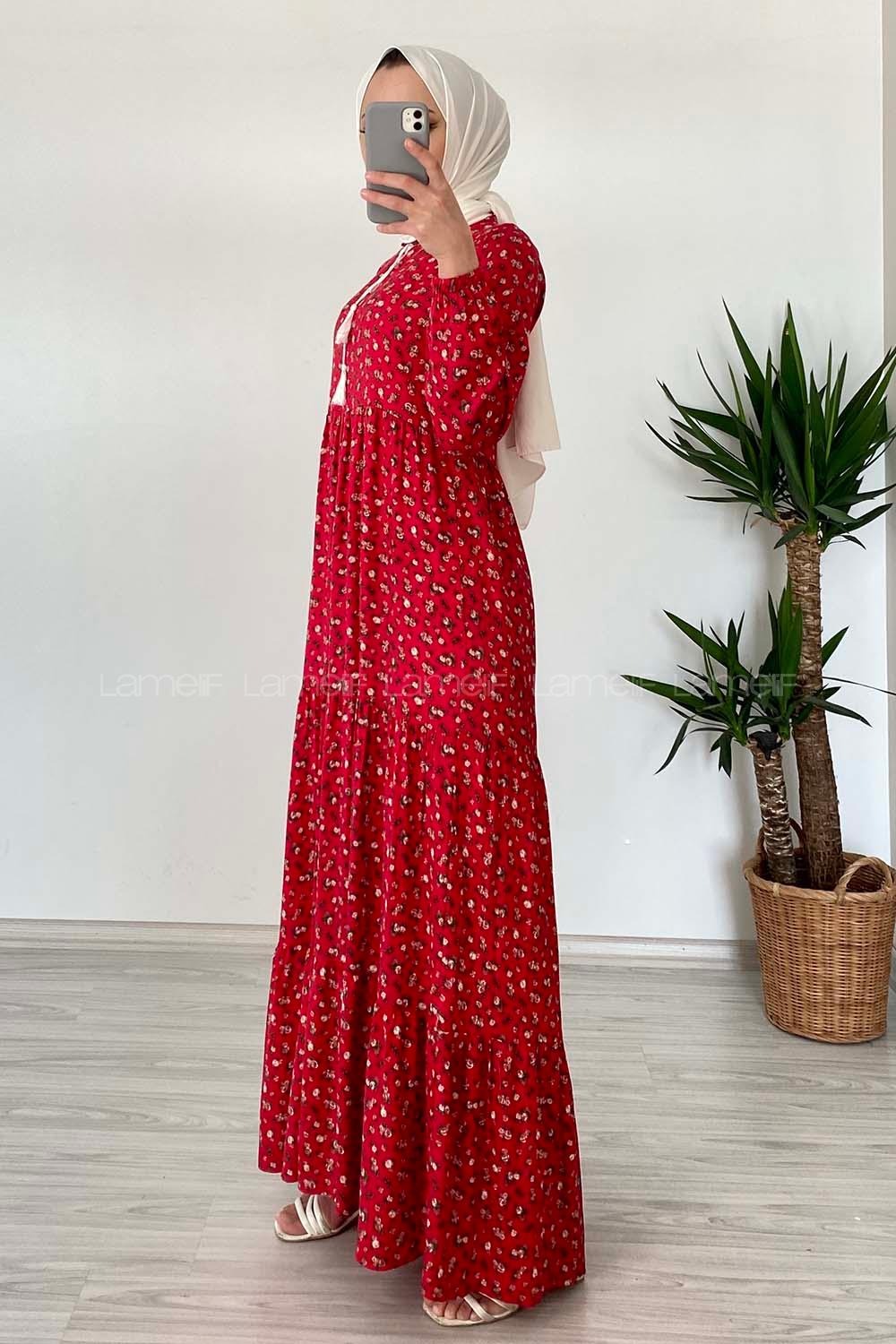 Modalamelif YaKa Bağlamalı Desenli Elbise Kırmızı