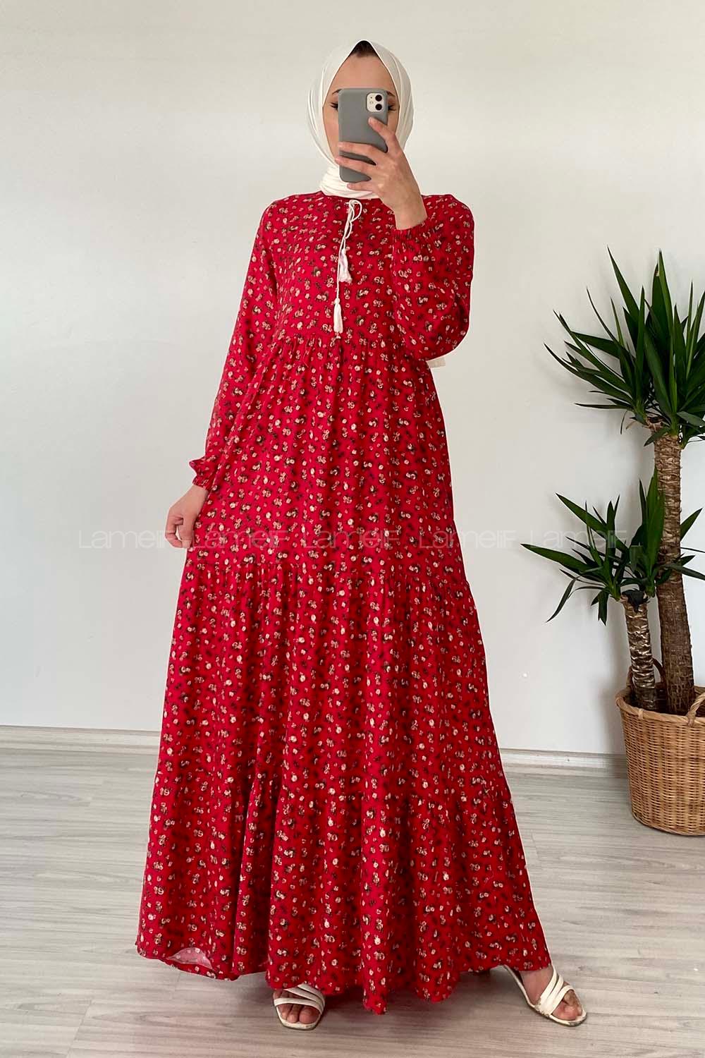 Modalamelif YaKa Bağlamalı Desenli Elbise Kırmızı