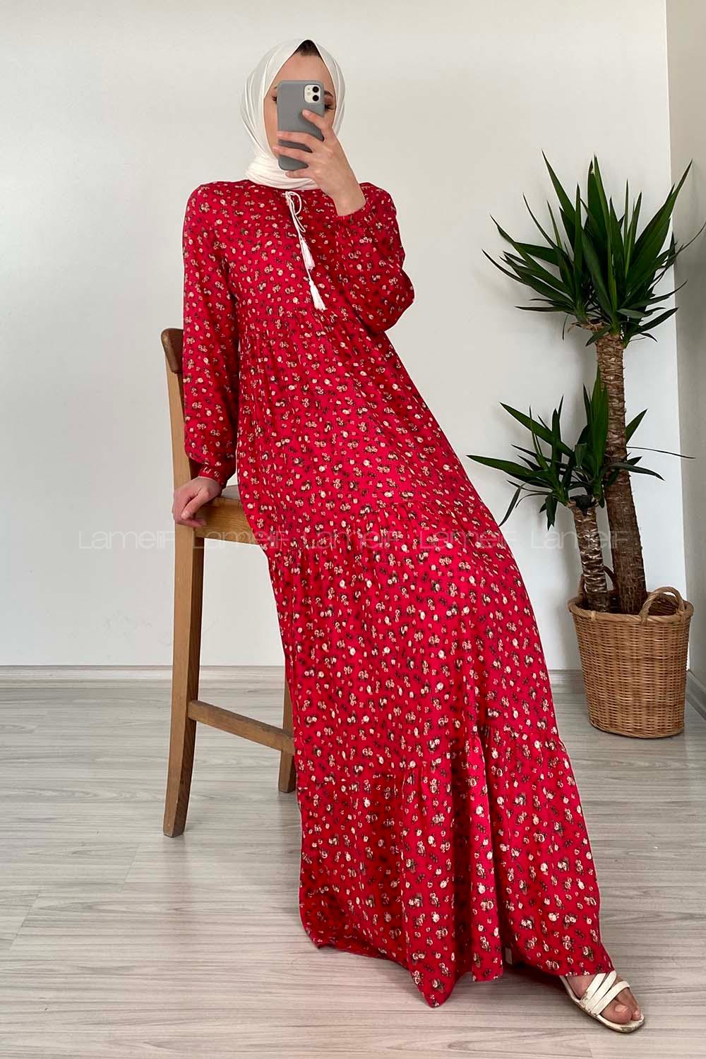 Modalamelif YaKa Bağlamalı Desenli Elbise Kırmızı