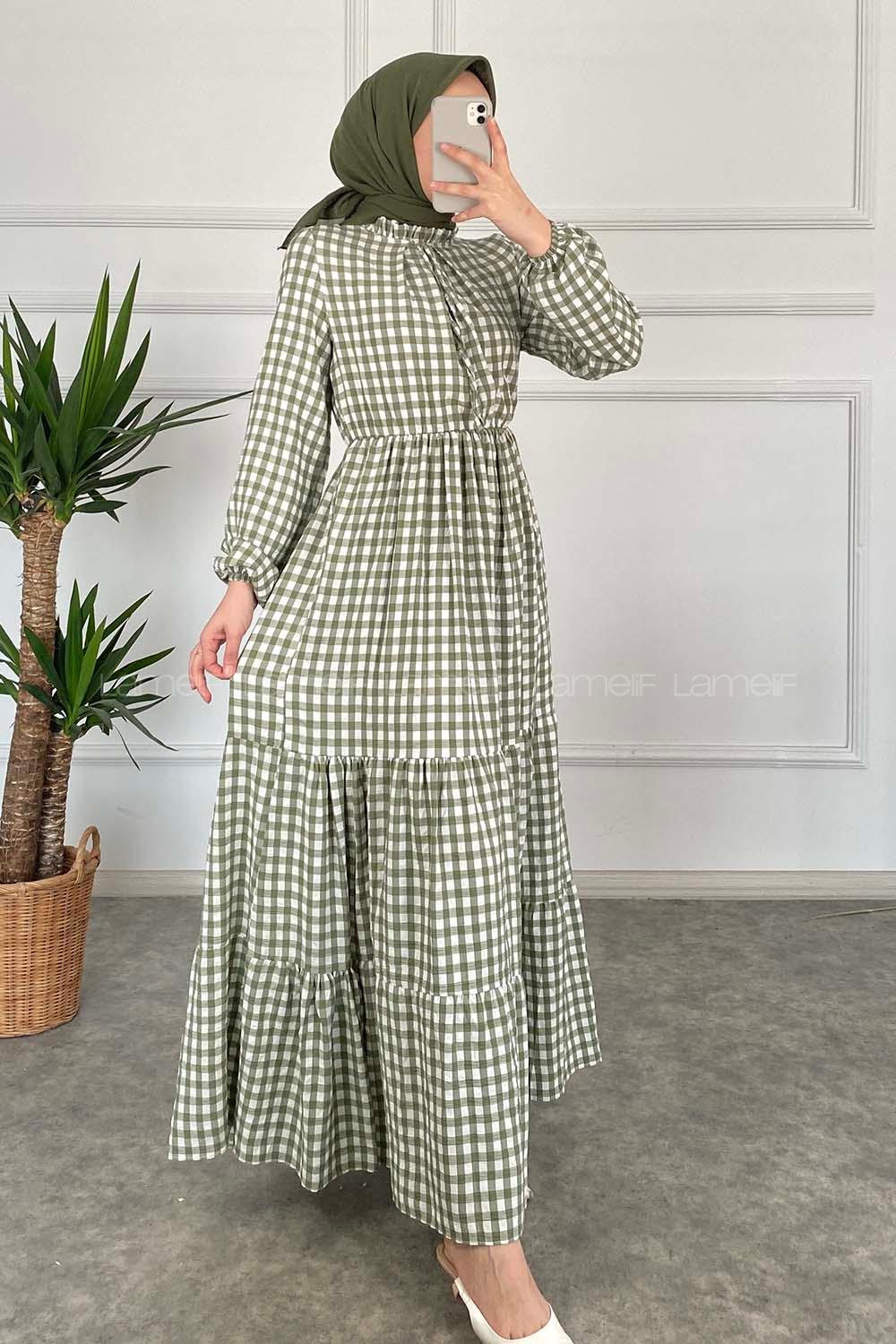 Modalamelif Yaka Fırfırlı Ekose Elbise Çağla