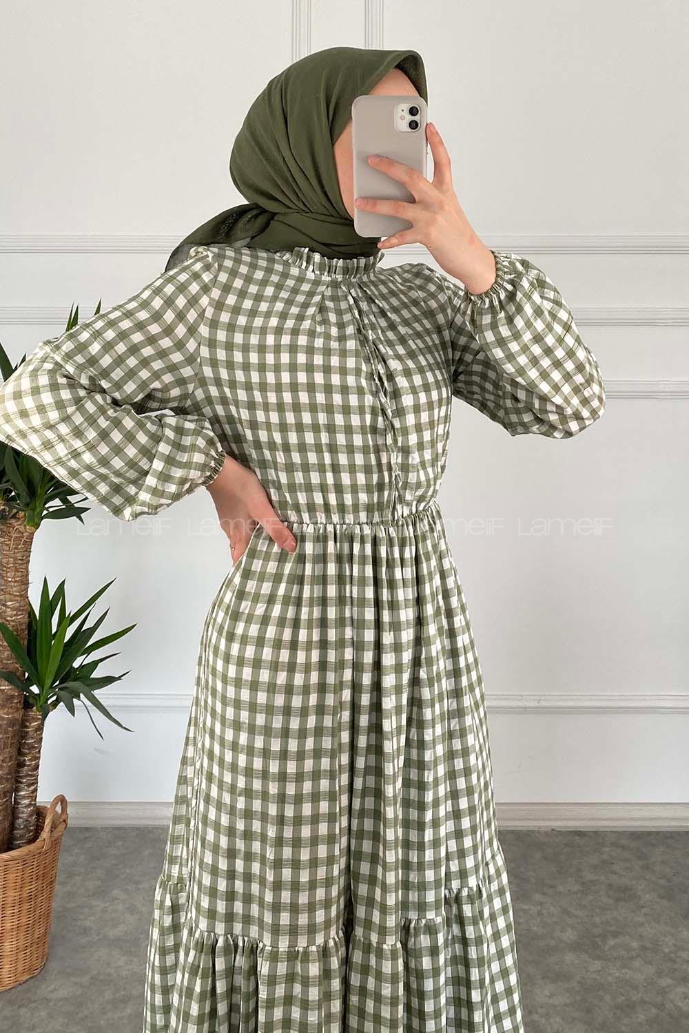 Modalamelif Yaka Fırfırlı Ekose Elbise Çağla