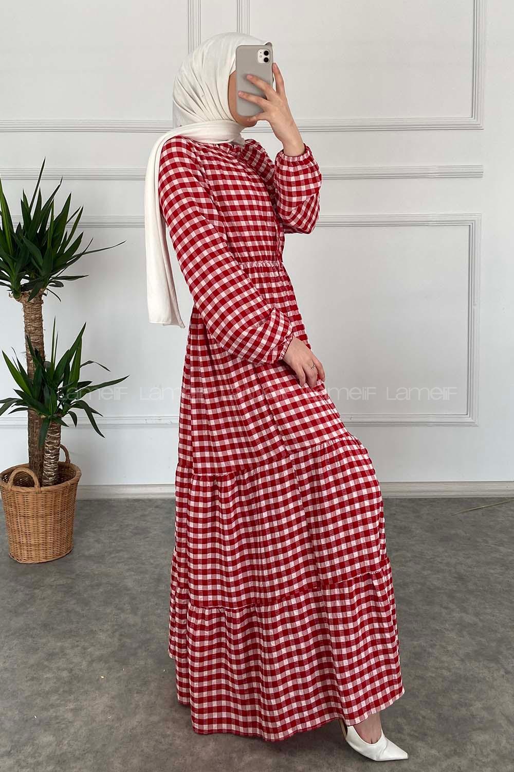 Modalamelif Yaka Fırfırlı Ekose Elbise Kırmızı