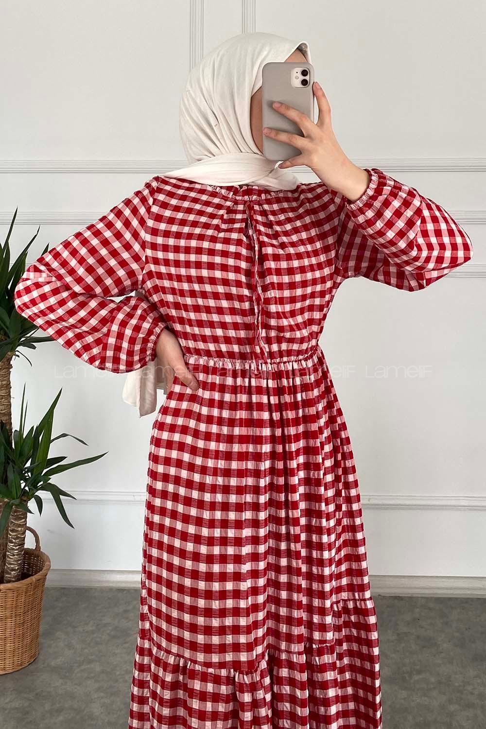 Modalamelif Yaka Fırfırlı Ekose Elbise Kırmızı