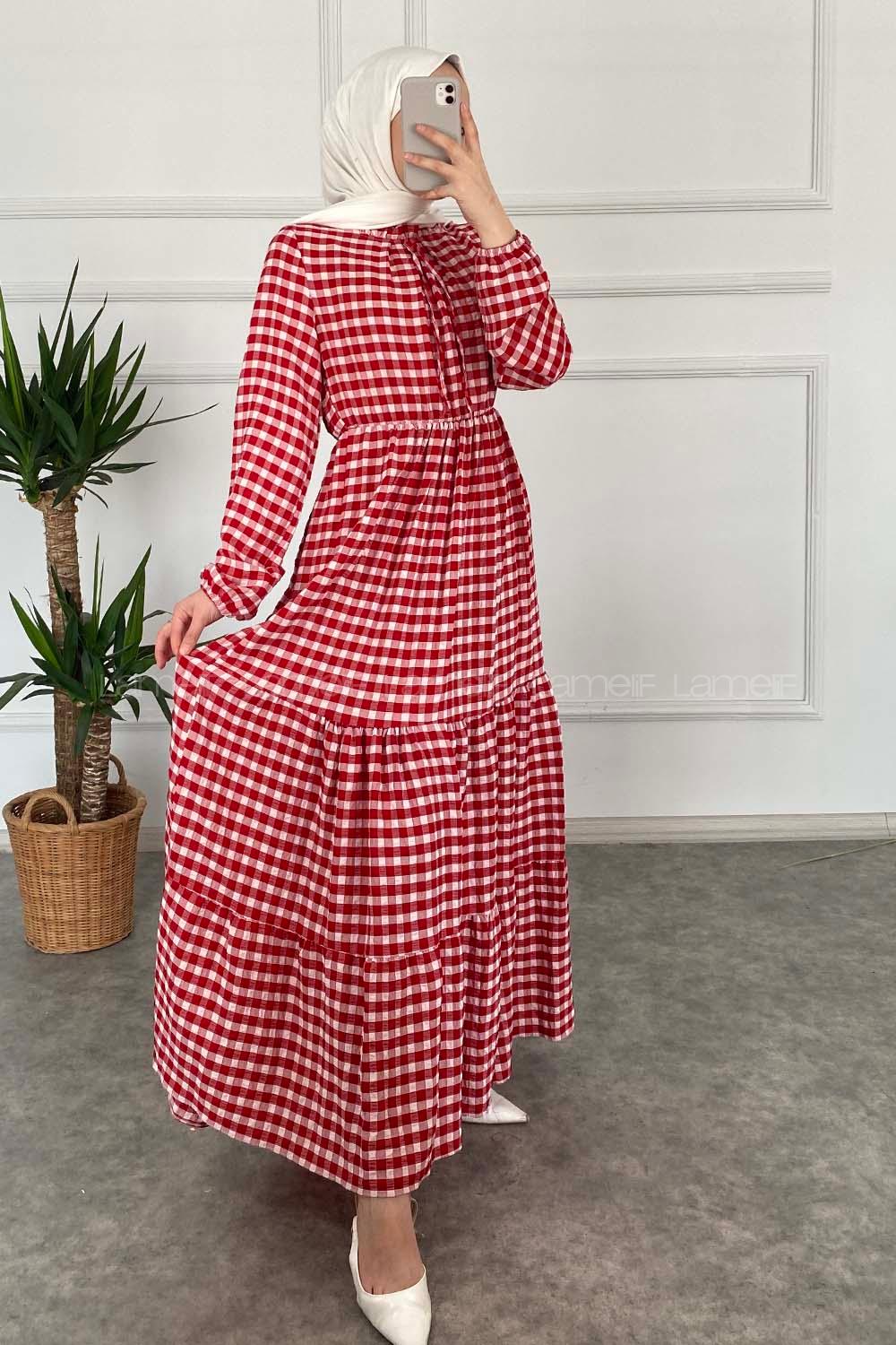 Modalamelif Yaka Fırfırlı Ekose Elbise Kırmızı