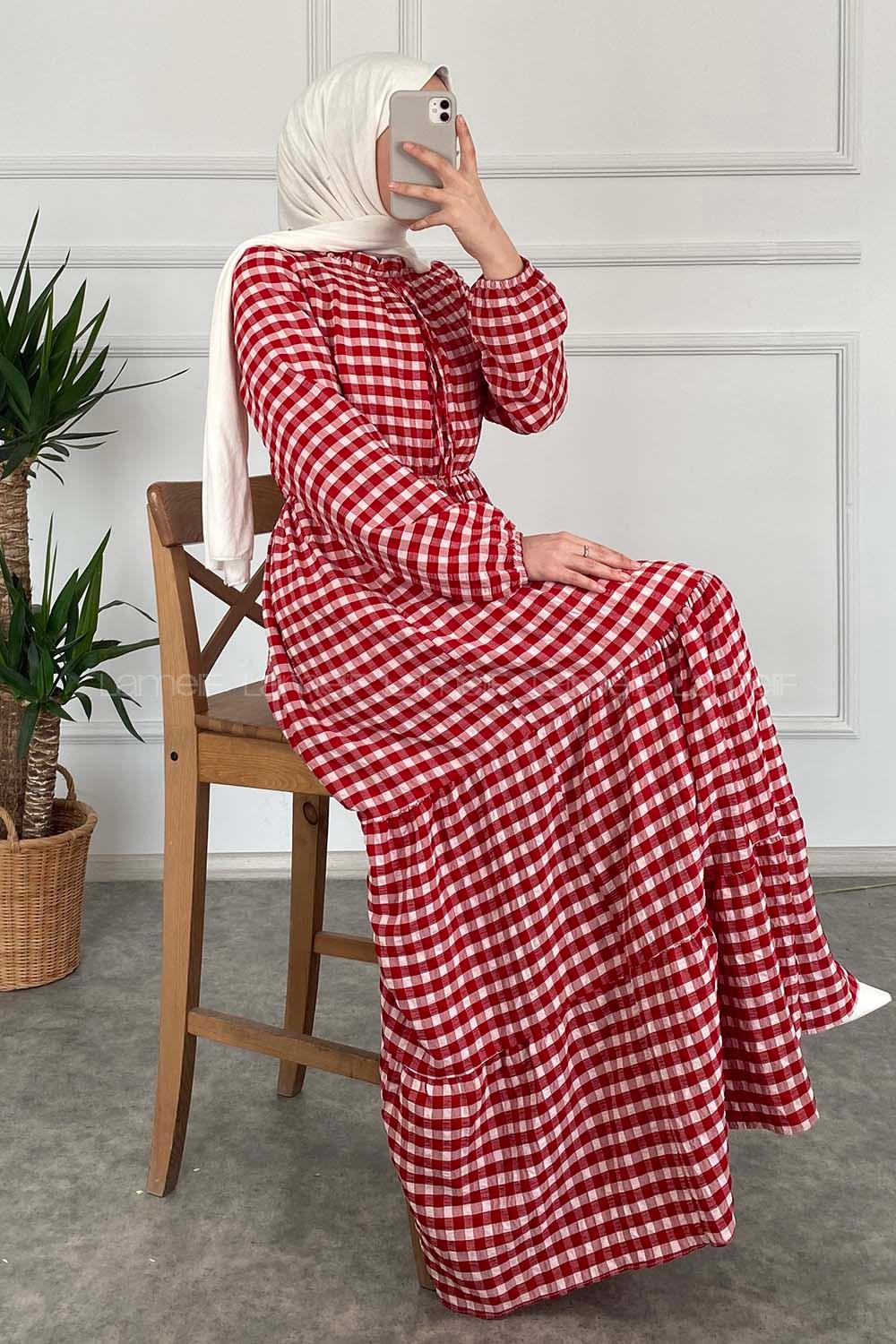 Modalamelif Yaka Fırfırlı Ekose Elbise Kırmızı