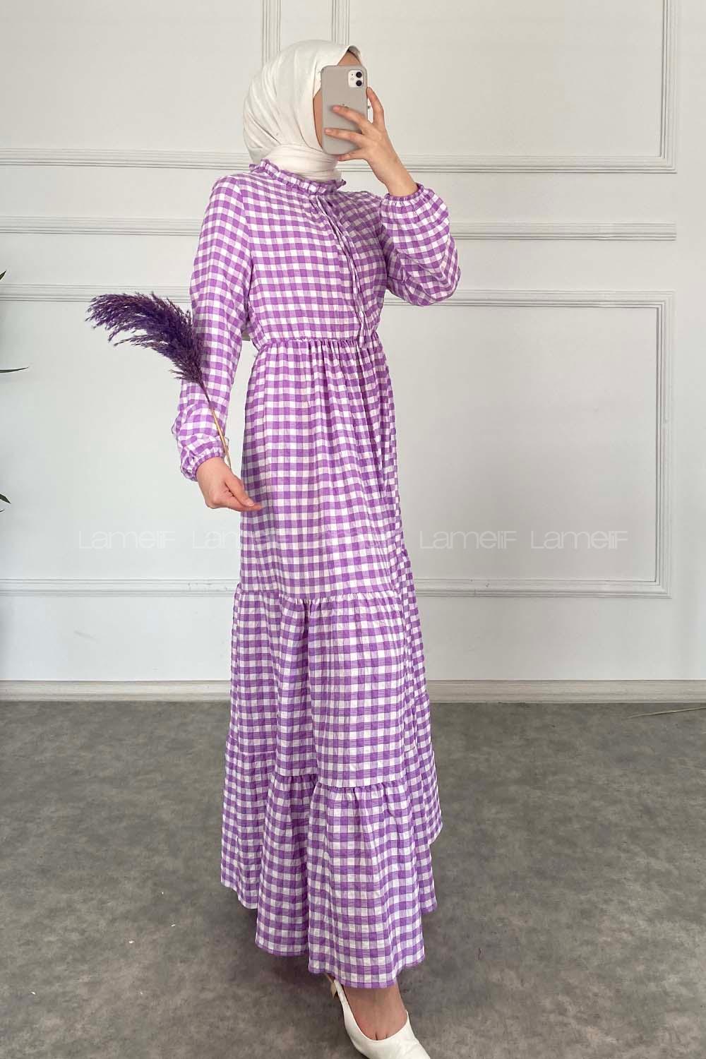 Modalamelif Yaka Fırfırlı Ekose Elbise Lila