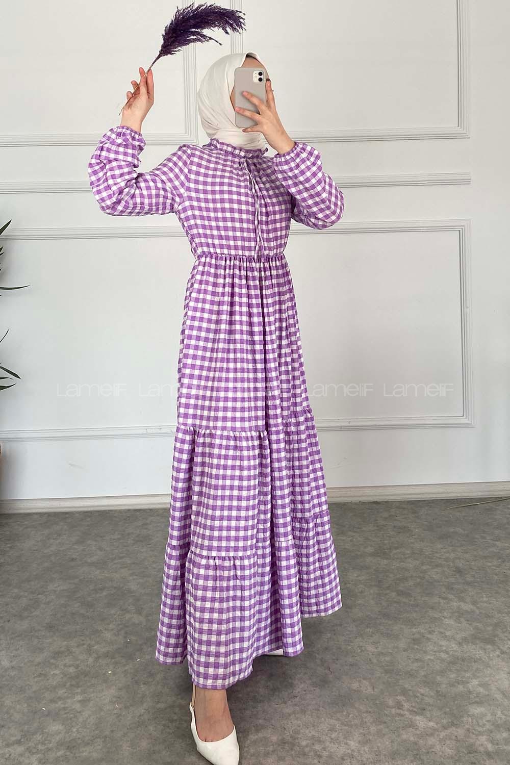 Modalamelif Yaka Fırfırlı Ekose Elbise Lila