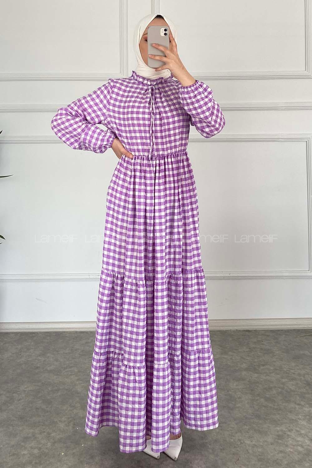 Modalamelif Yaka Fırfırlı Ekose Elbise Lila