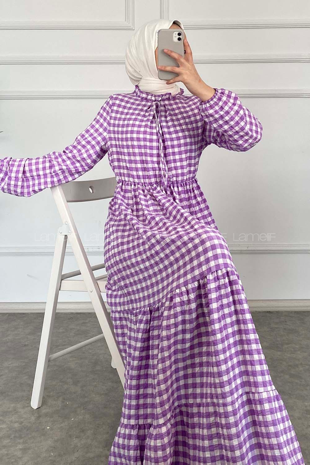 Modalamelif Yaka Fırfırlı Ekose Elbise Lila