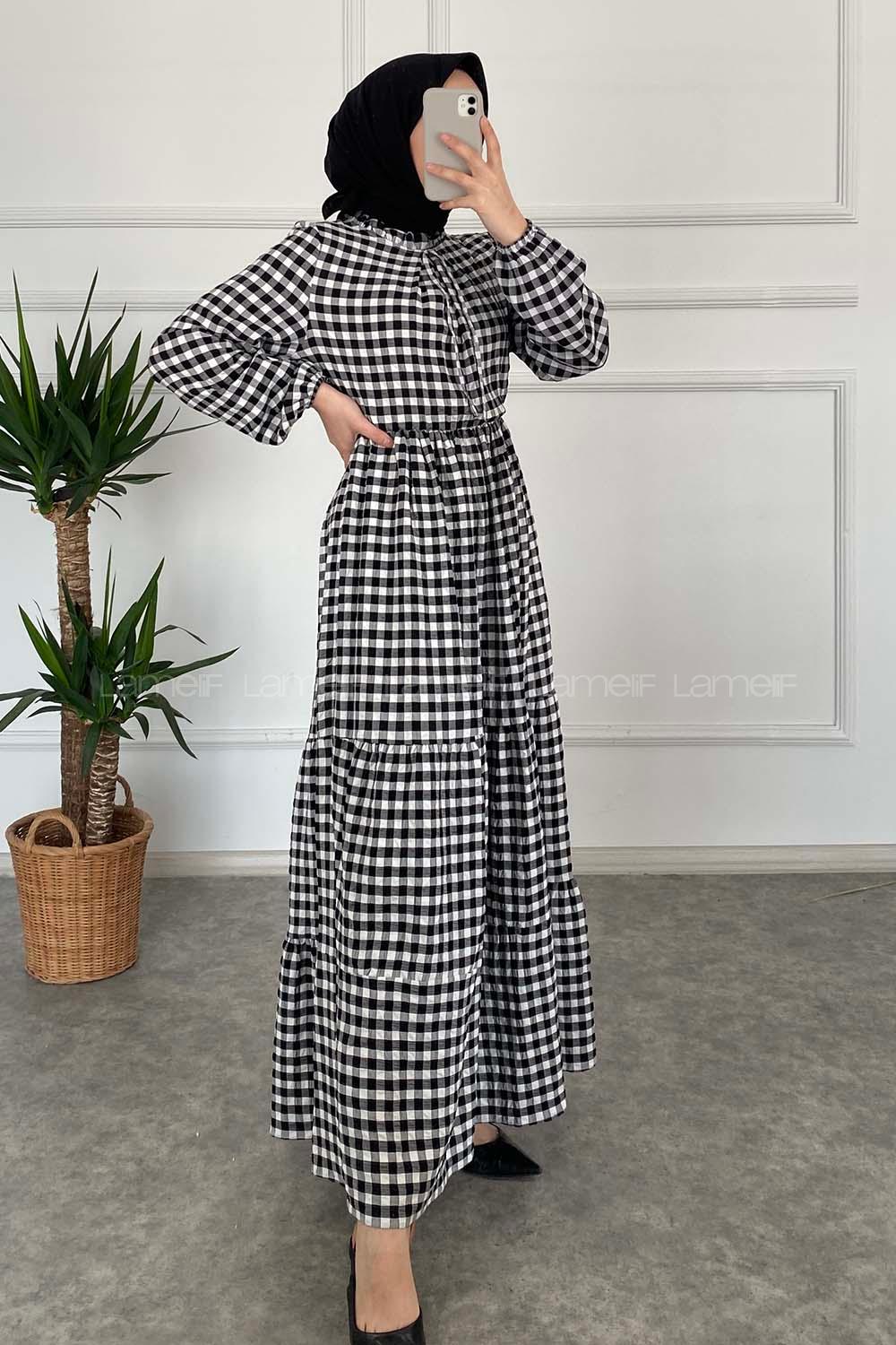 Modalamelif Yaka Fırfırlı Ekose Elbise Siyah