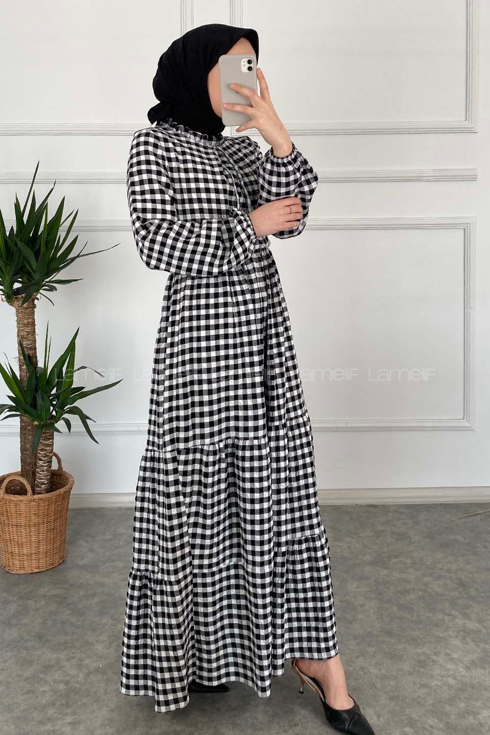 Modalamelif Yaka Fırfırlı Ekose Elbise Siyah