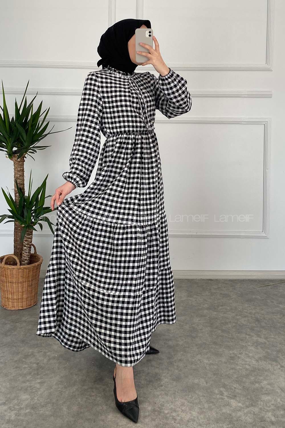 Modalamelif Yaka Fırfırlı Ekose Elbise Siyah