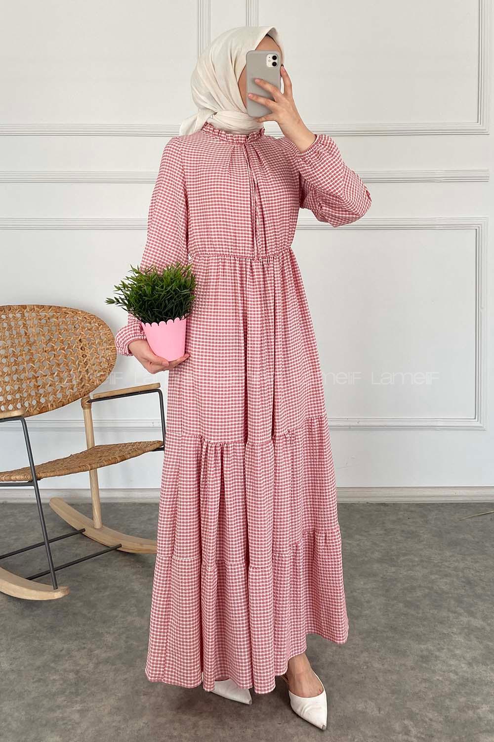 Modalamelif Yaka Fırfırlı Pötikare Elbise Pudra