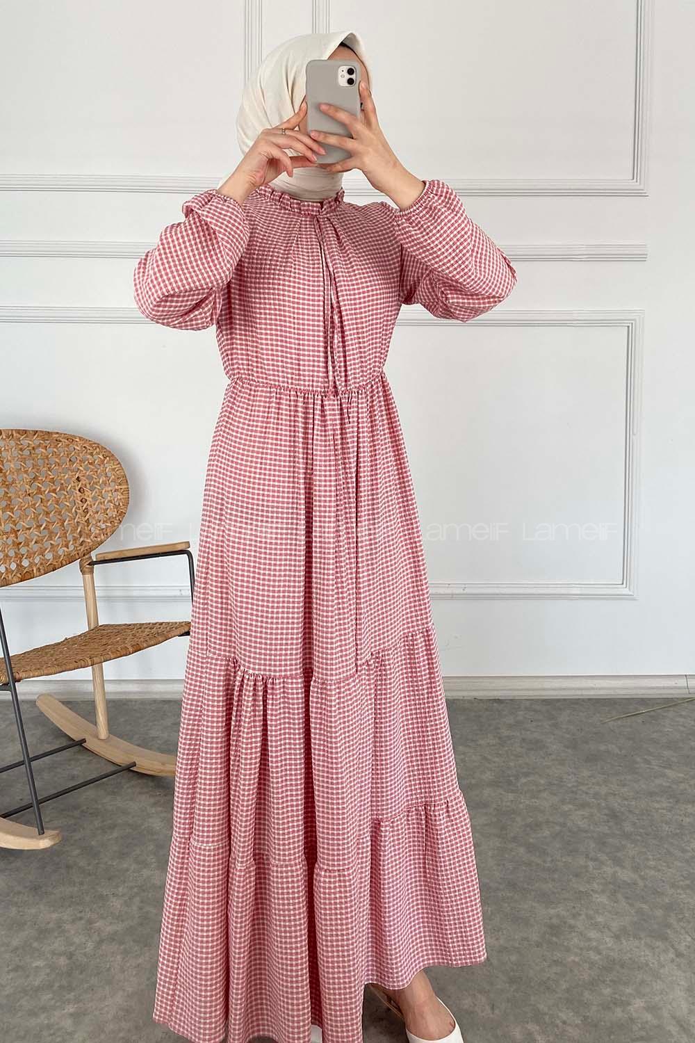 Modalamelif Yaka Fırfırlı Pötikare Elbise Pudra