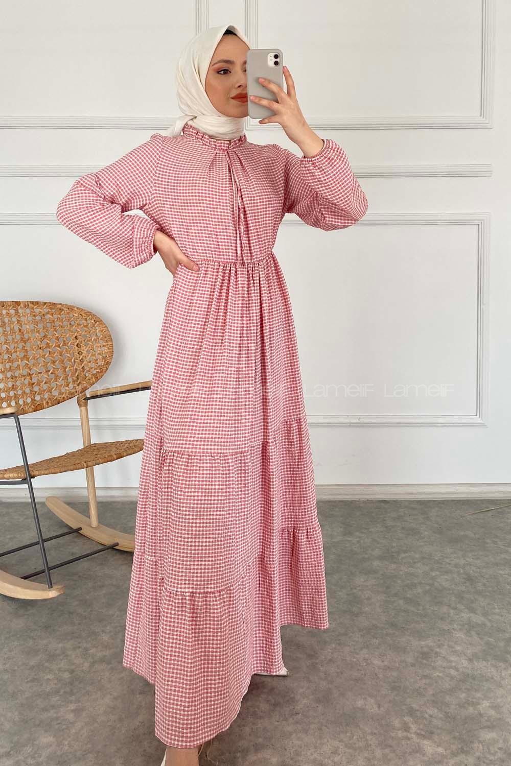 Modalamelif Yaka Fırfırlı Pötikare Elbise Pudra