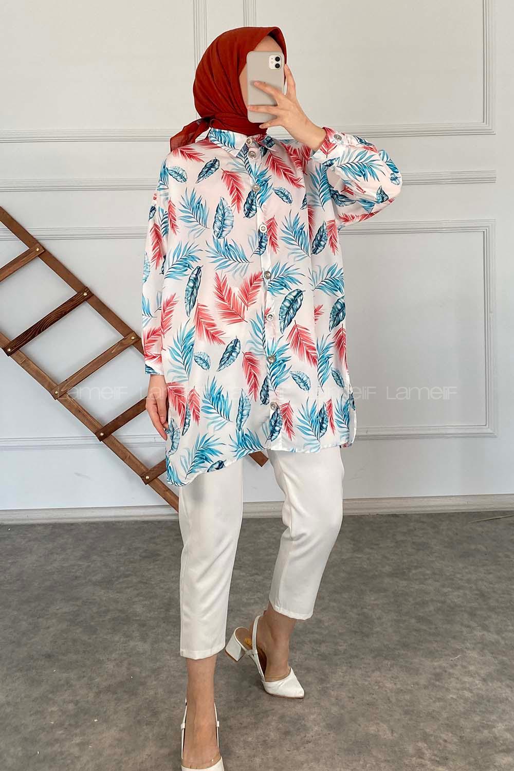 Modalamelif Yaprak Desen  Gömlek Buz Mavisi