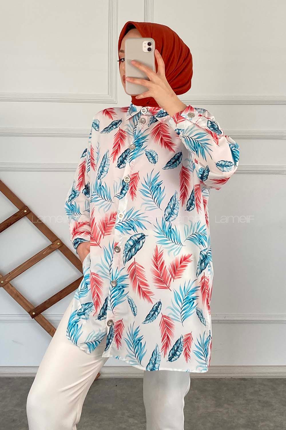 Modalamelif Yaprak Desen  Gömlek Buz Mavisi