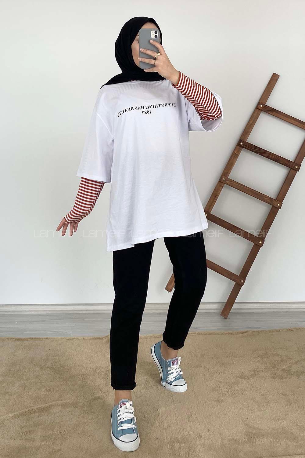 Modalamelif 1980 Baskılı Oversize T-Shirt Beyaz