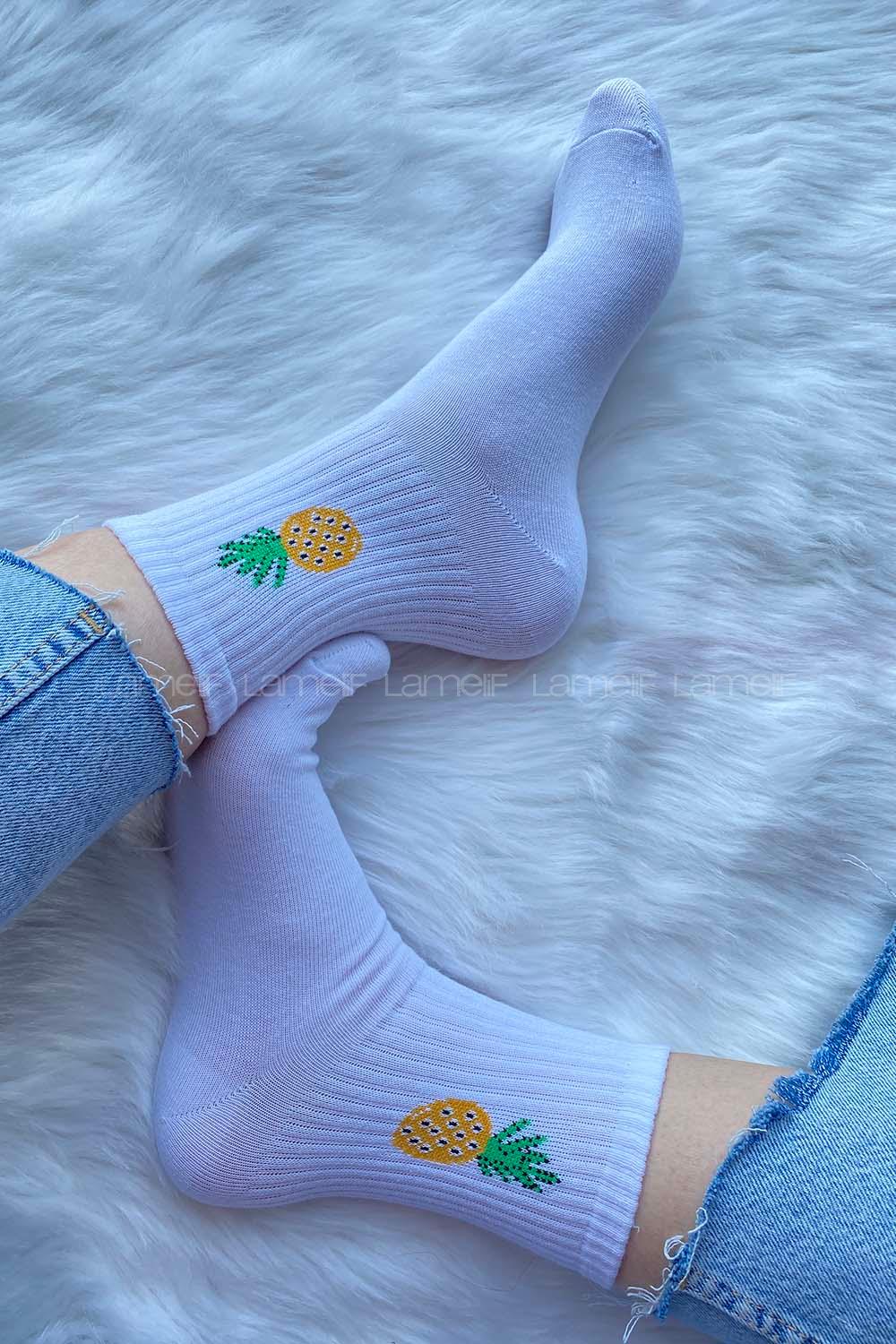 Modalamelif Ananas Nakışlı Tenis Çorap Beyaz