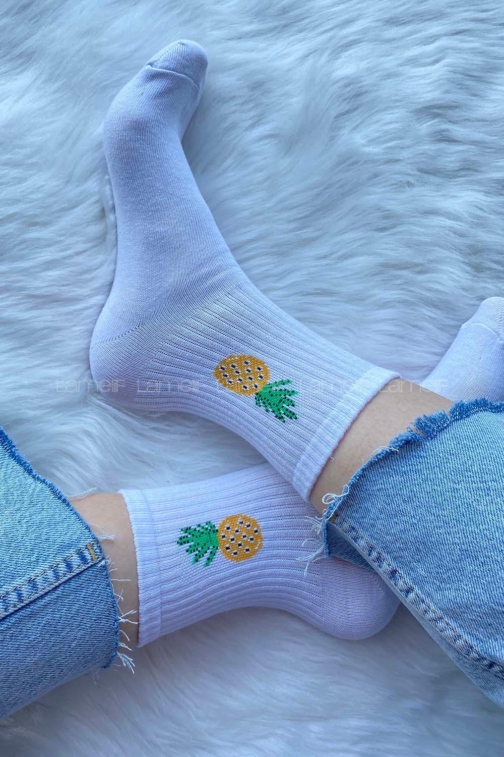 Modalamelif Ananas Nakışlı Tenis Çorap Beyaz