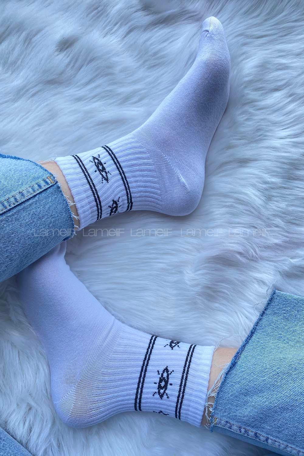 Modalamelif Göz İşlemeli Soket Çorap Beyaz