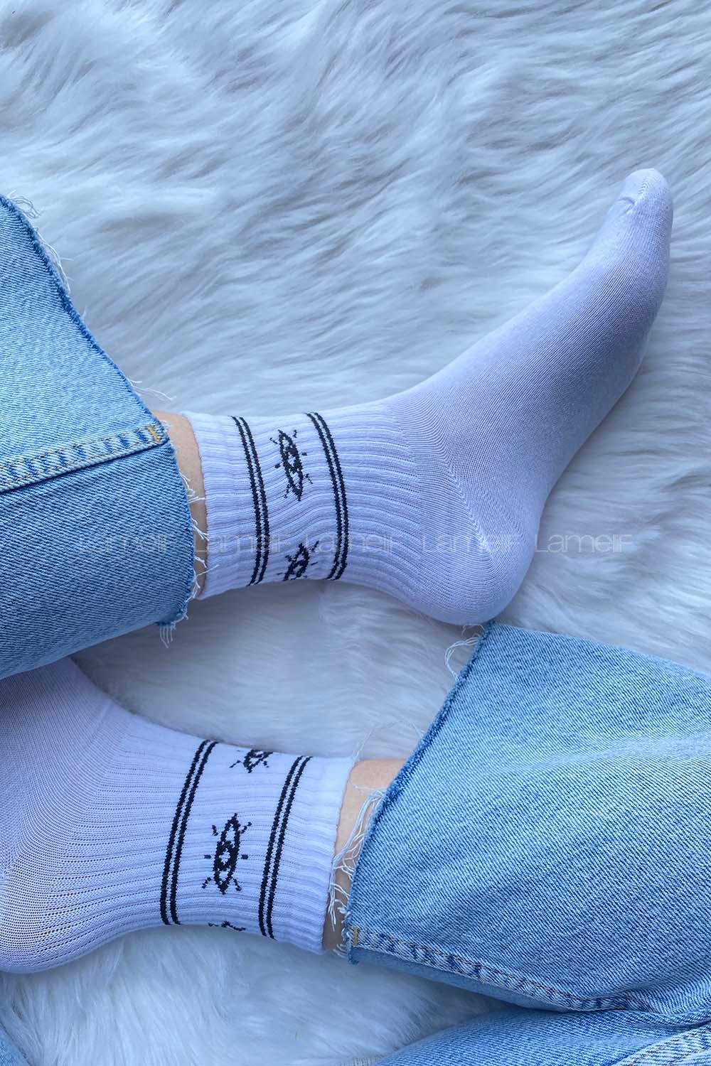 Modalamelif Göz İşlemeli Soket Çorap Beyaz