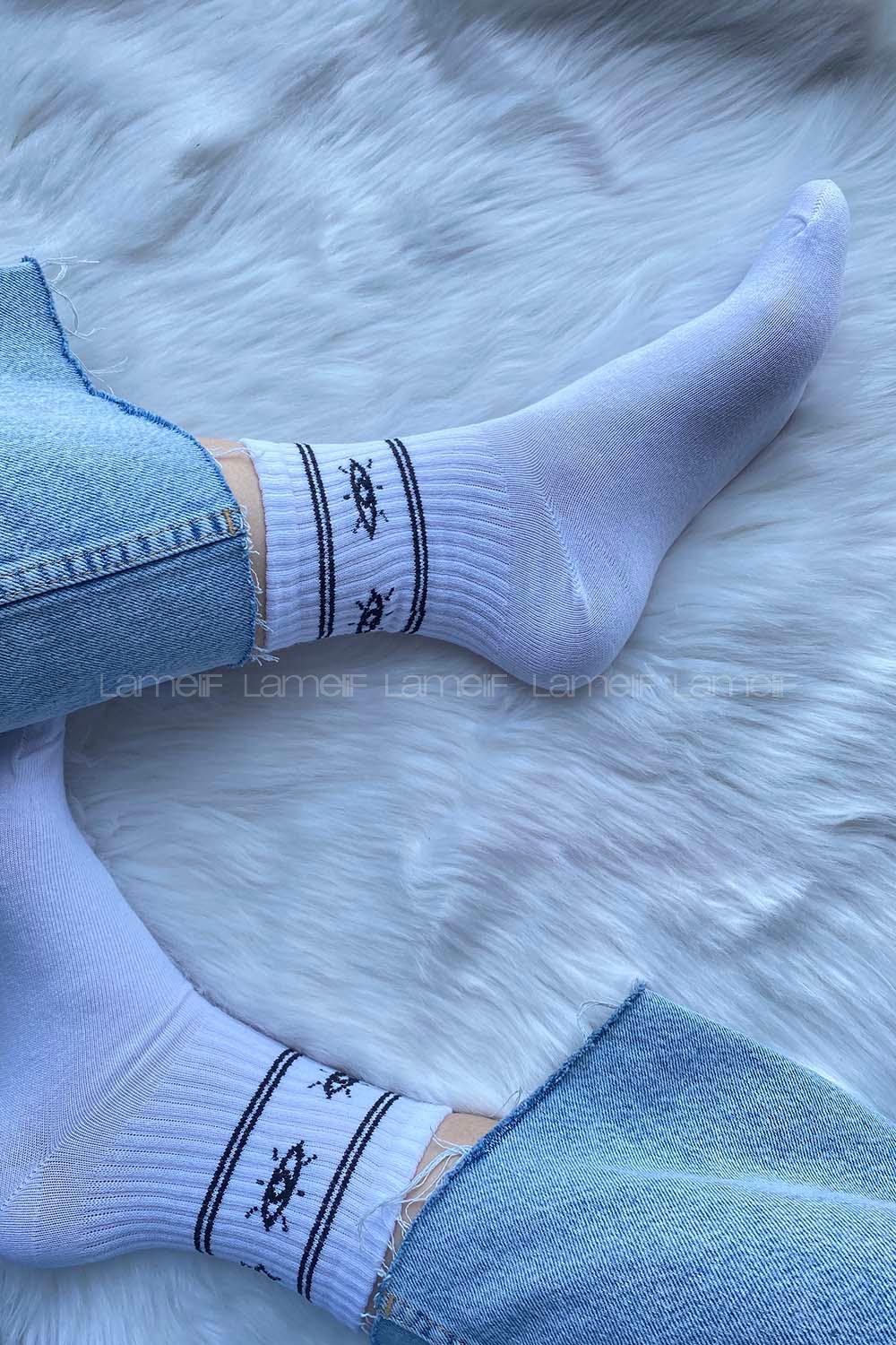 Modalamelif Göz İşlemeli Soket Çorap Beyaz