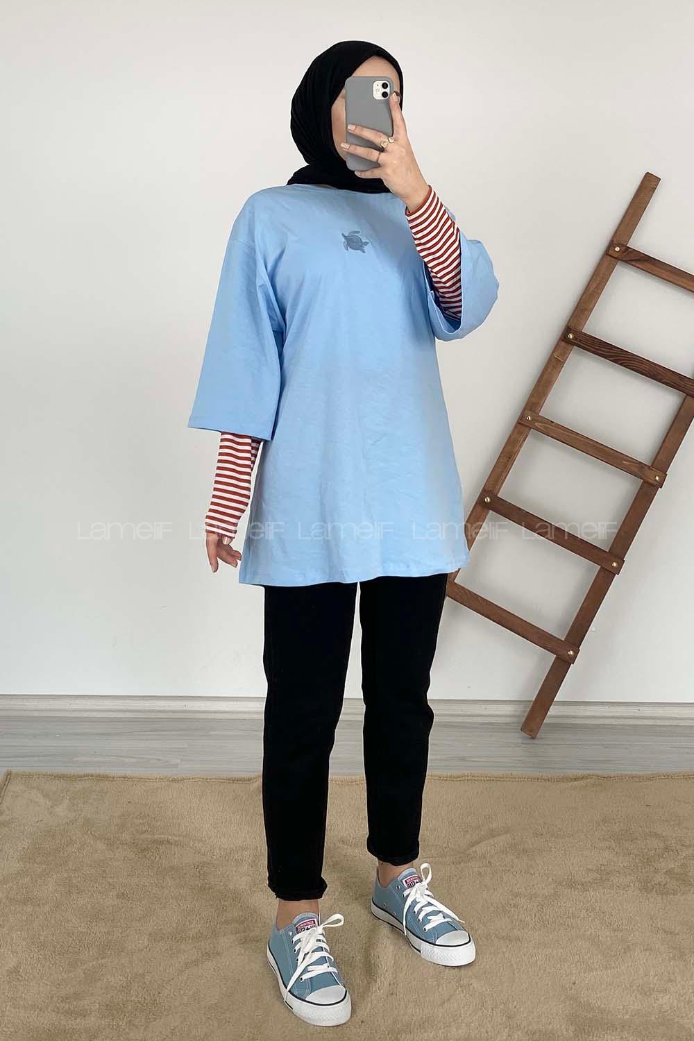 Modalamelif Kaplumbağa Oversize T-Shirt Açık Mavi