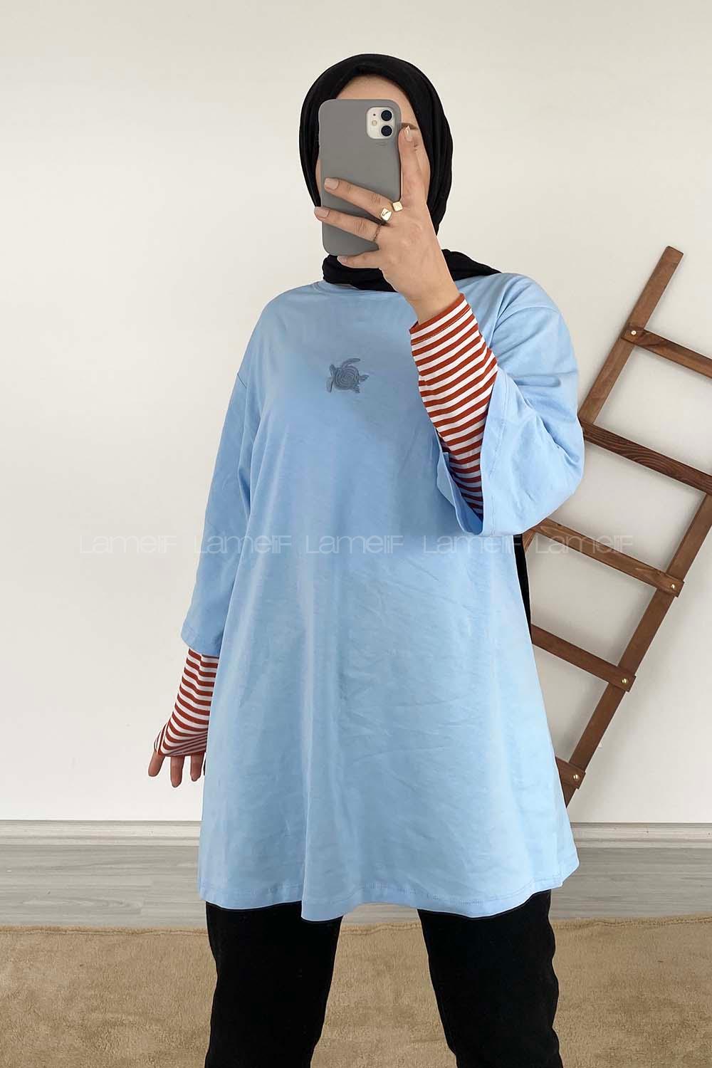 Modalamelif Kaplumbağa Oversize T-Shirt Açık Mavi