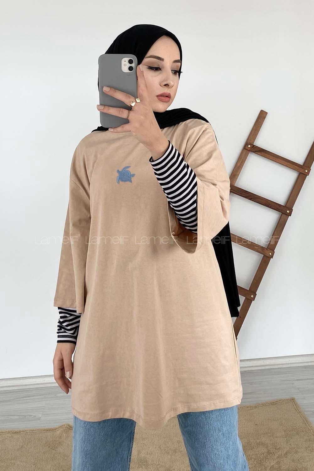 Modalamelif Kaplumbağa Oversize T-Shirt Bej