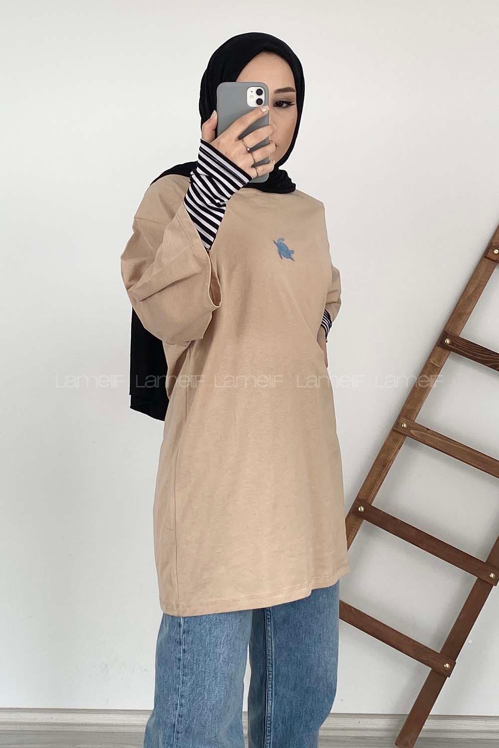 Modalamelif Kaplumbağa Oversize T-Shirt Bej
