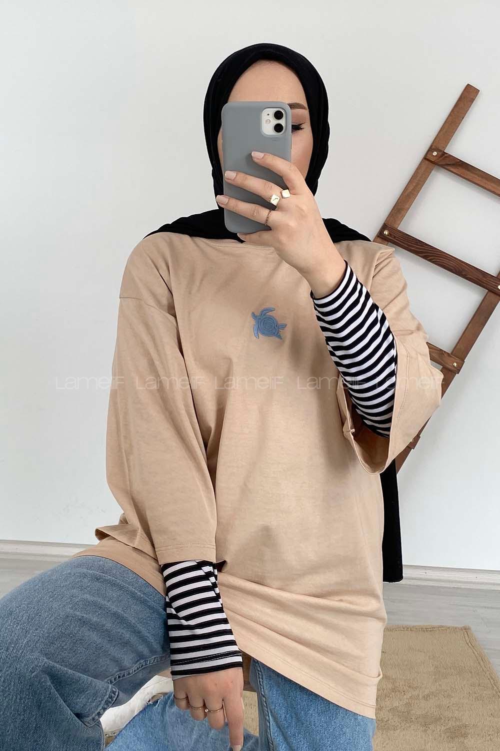 Modalamelif Kaplumbağa Oversize T-Shirt Bej