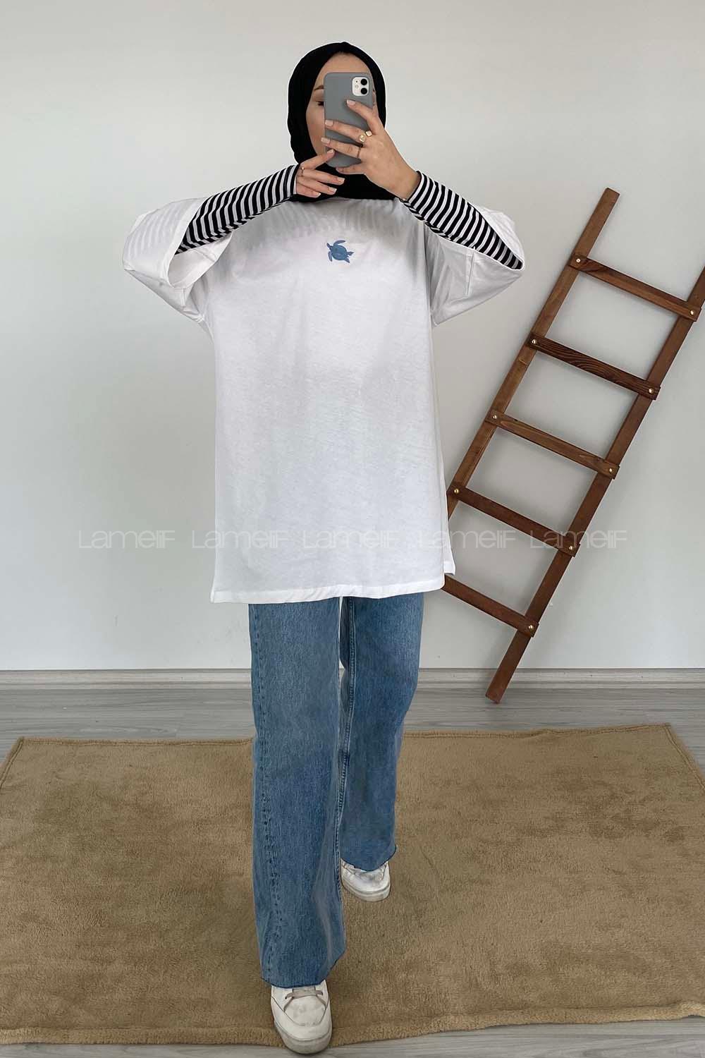 Modalamelif Kaplumbağa Oversize T-Shirt Beyaz