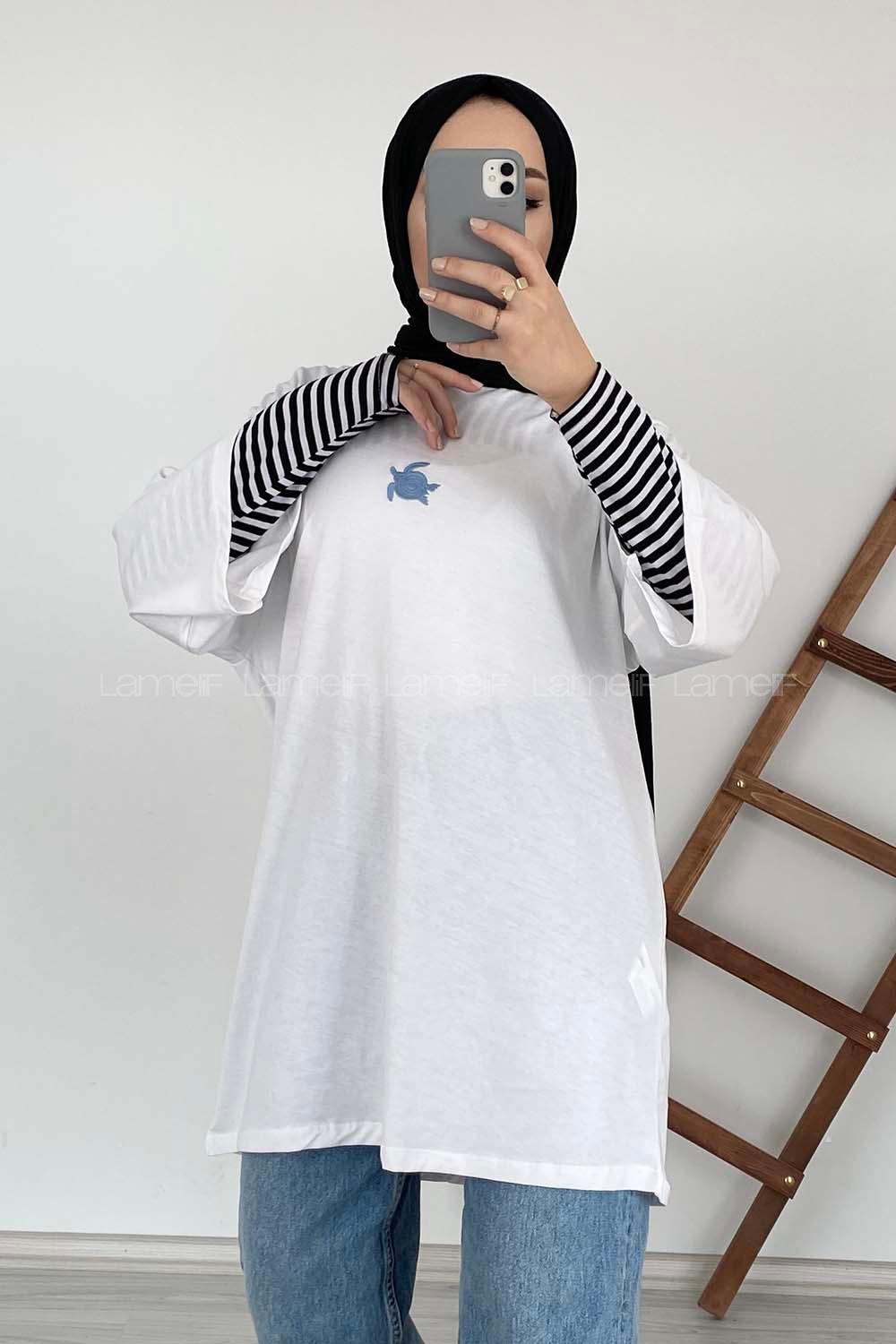 Modalamelif Kaplumbağa Oversize T-Shirt Beyaz