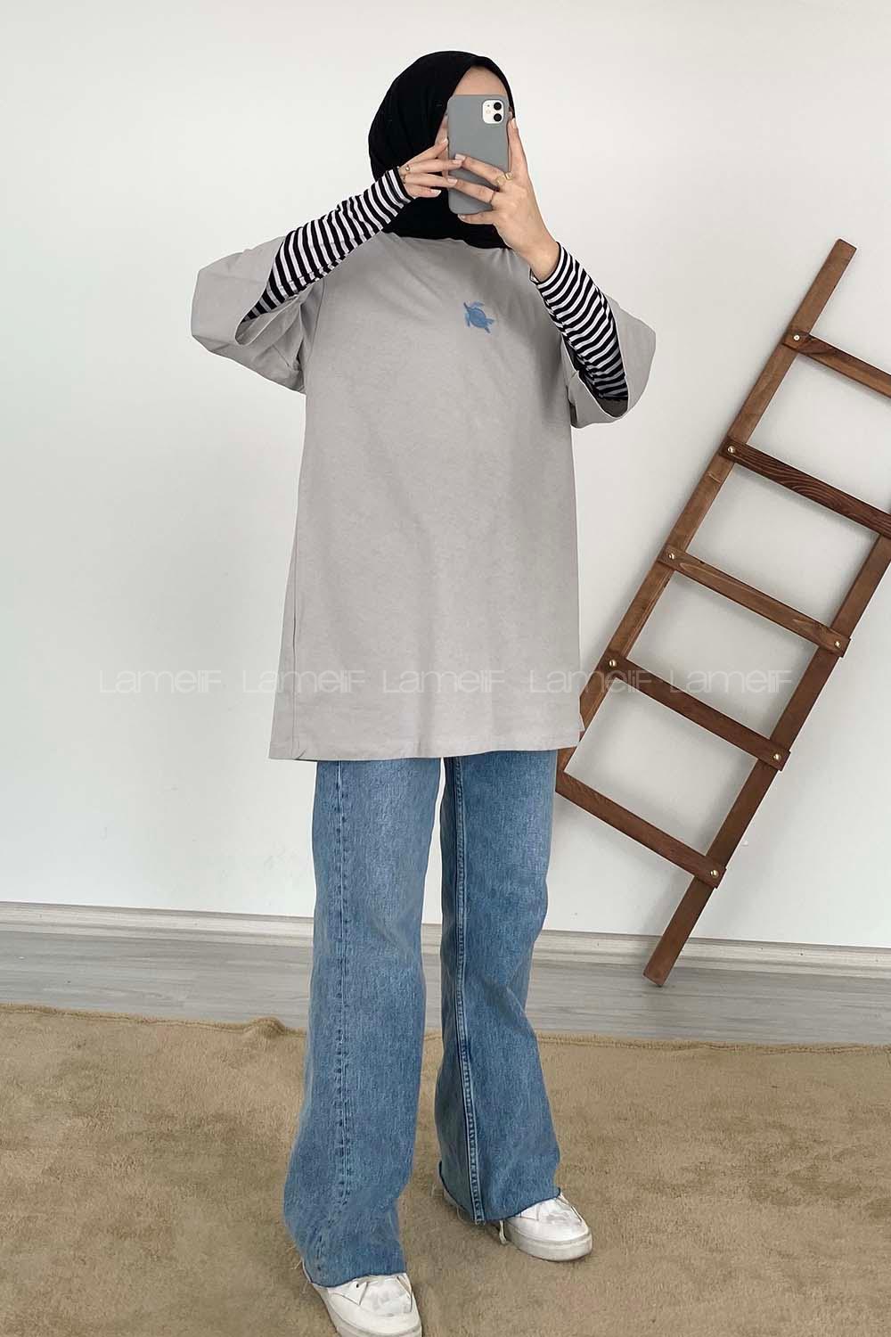 Modalamelif Kaplumbağa Oversize T-Shirt Gri