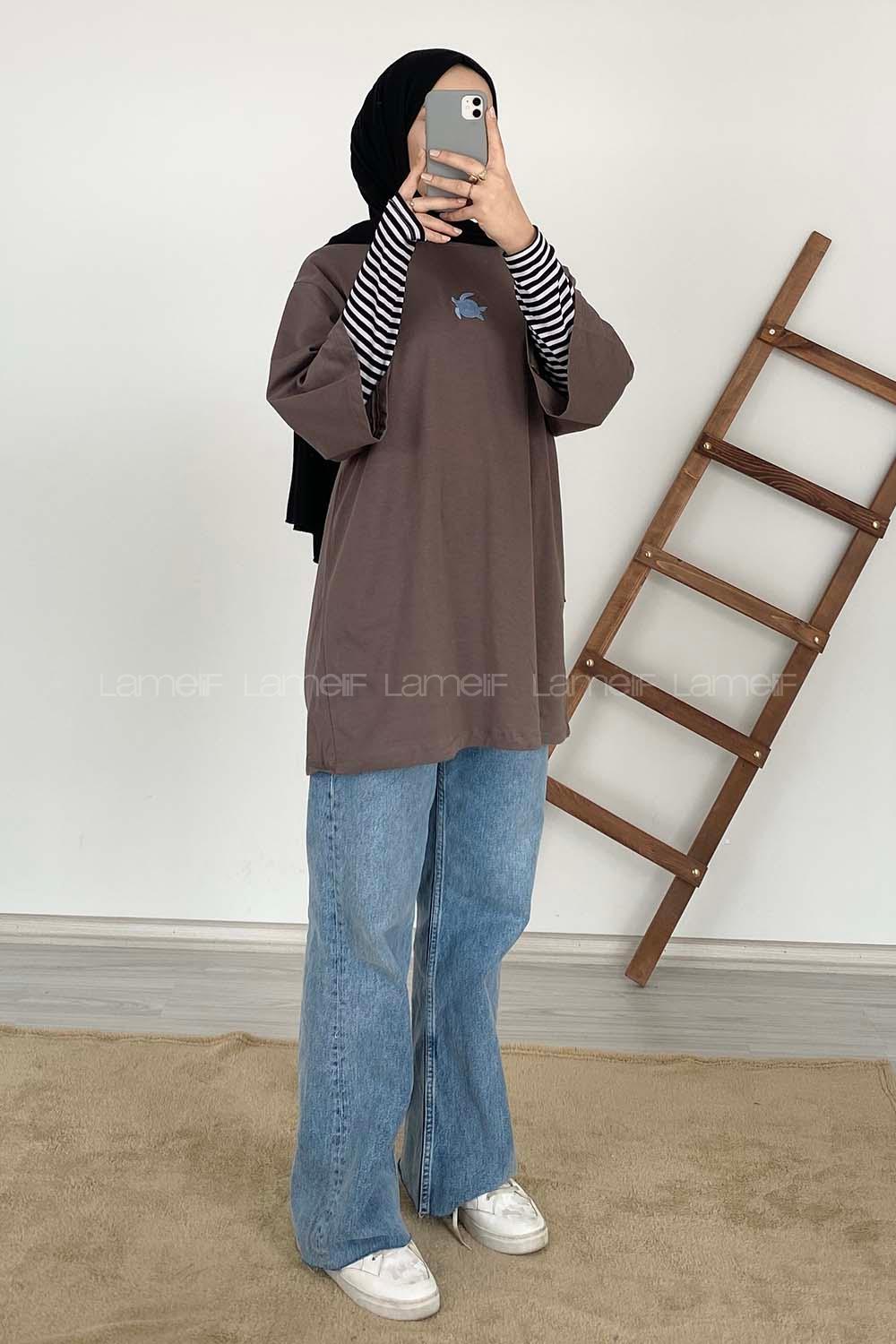 Modalamelif Kaplumbağa Oversize T-Shirt Kahve