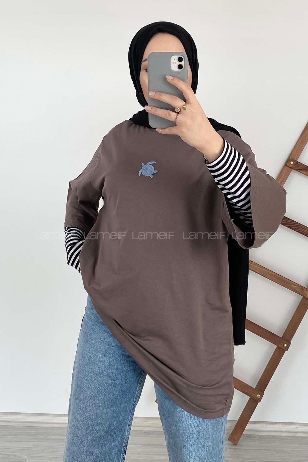 Modalamelif Kaplumbağa Oversize T-Shirt Kahve