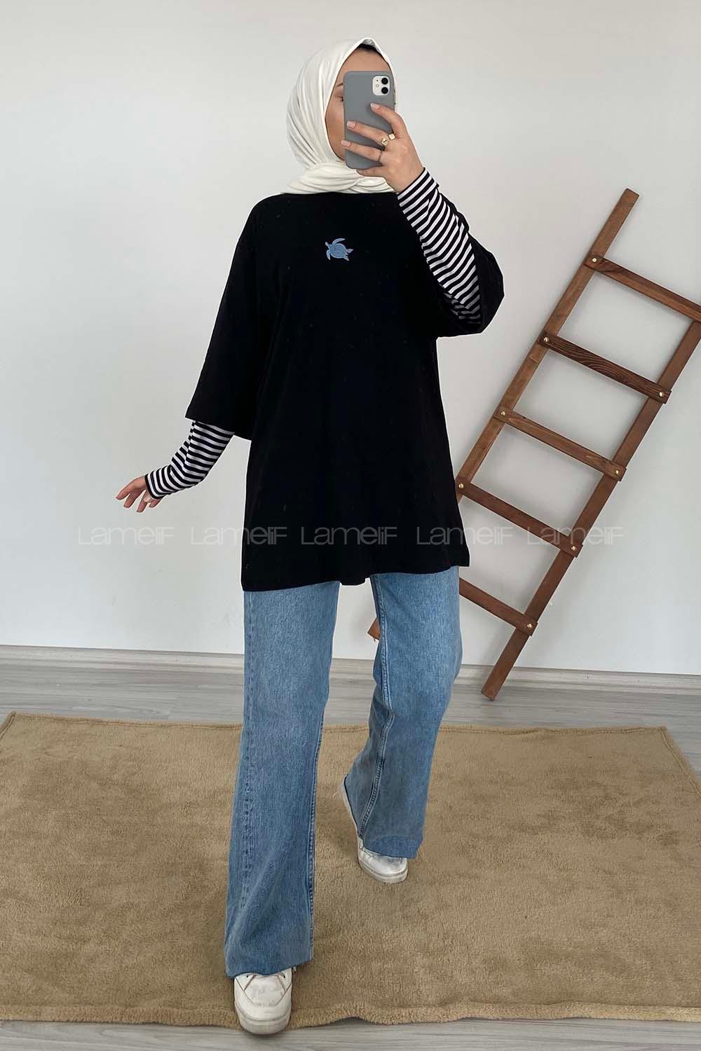 Modalamelif Kaplumbağa Oversize T-Shirt Siyah