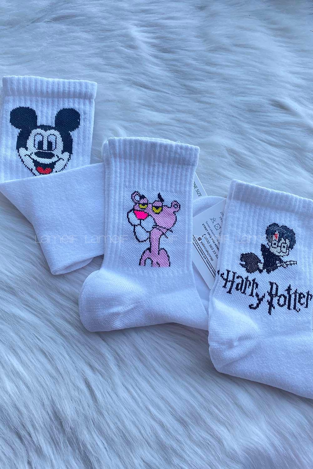 Modalamelif Karakterli Soket Çorap 3lü Beyaz