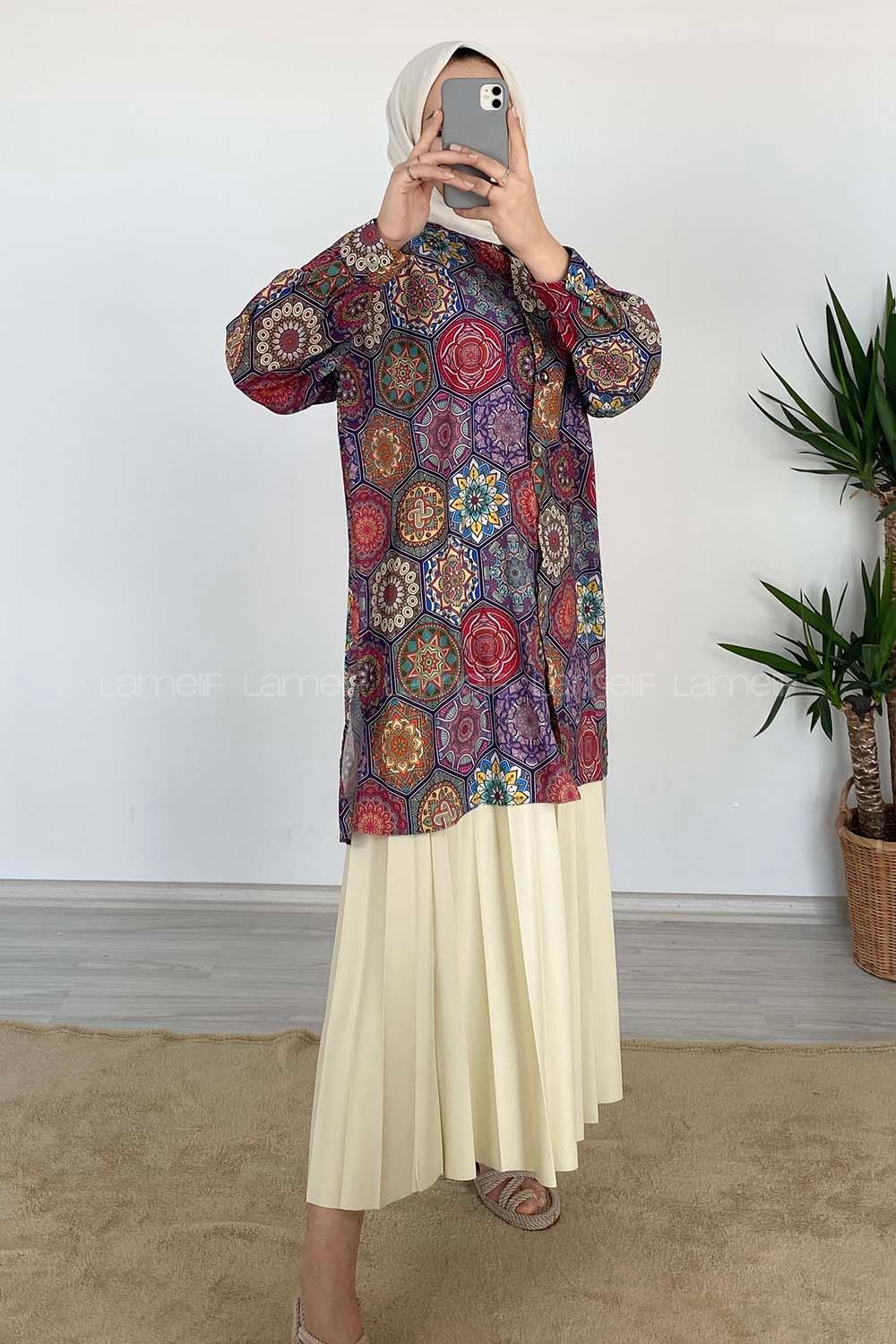 Modalamelif Kilim Desen Dijital Baskı Gömlek Ekru Fuşya