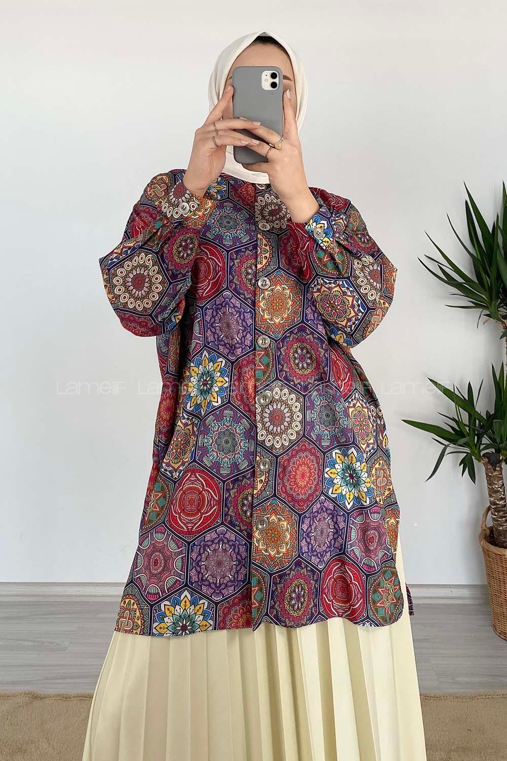 Modalamelif Kilim Desen Dijital Baskı Gömlek Ekru Fuşya