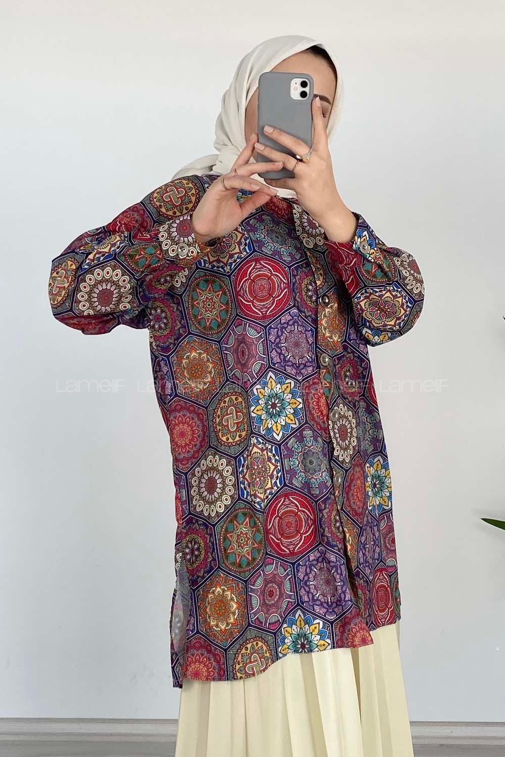 Modalamelif Kilim Desen Dijital Baskı Gömlek Ekru Fuşya