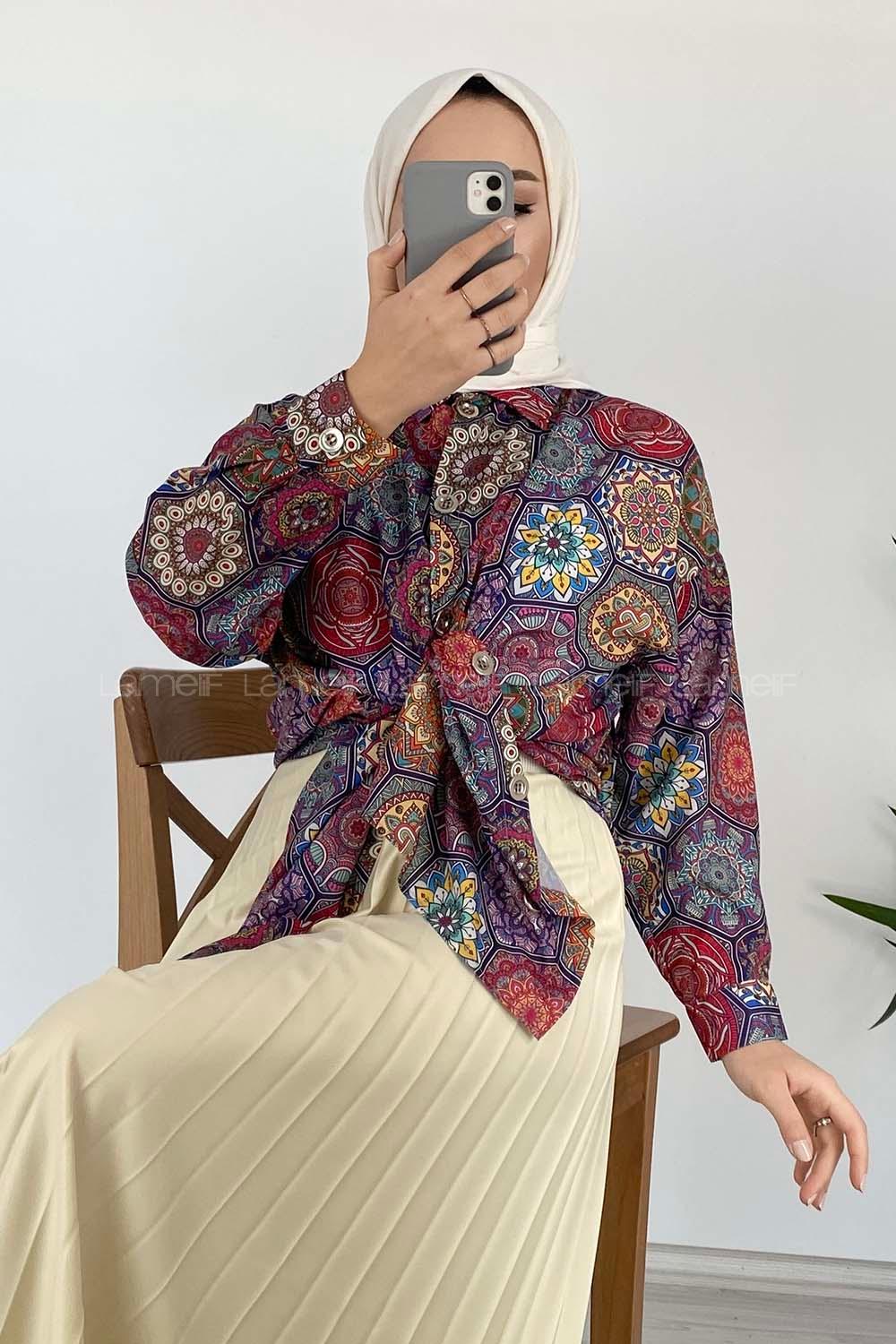 Modalamelif Kilim Desen Dijital Baskı Gömlek Ekru Fuşya