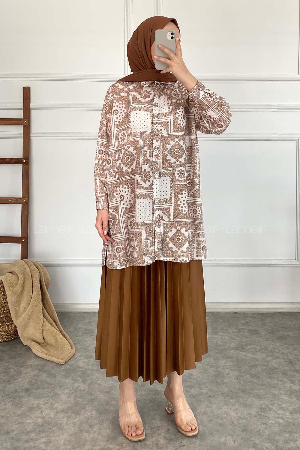 Modalamelif Kilim Desen Dijital Baskı Gömlek Ekru Sütlü Kahve