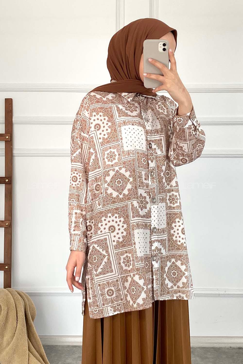 Modalamelif Kilim Desen Dijital Baskı Gömlek Ekru Sütlü Kahve