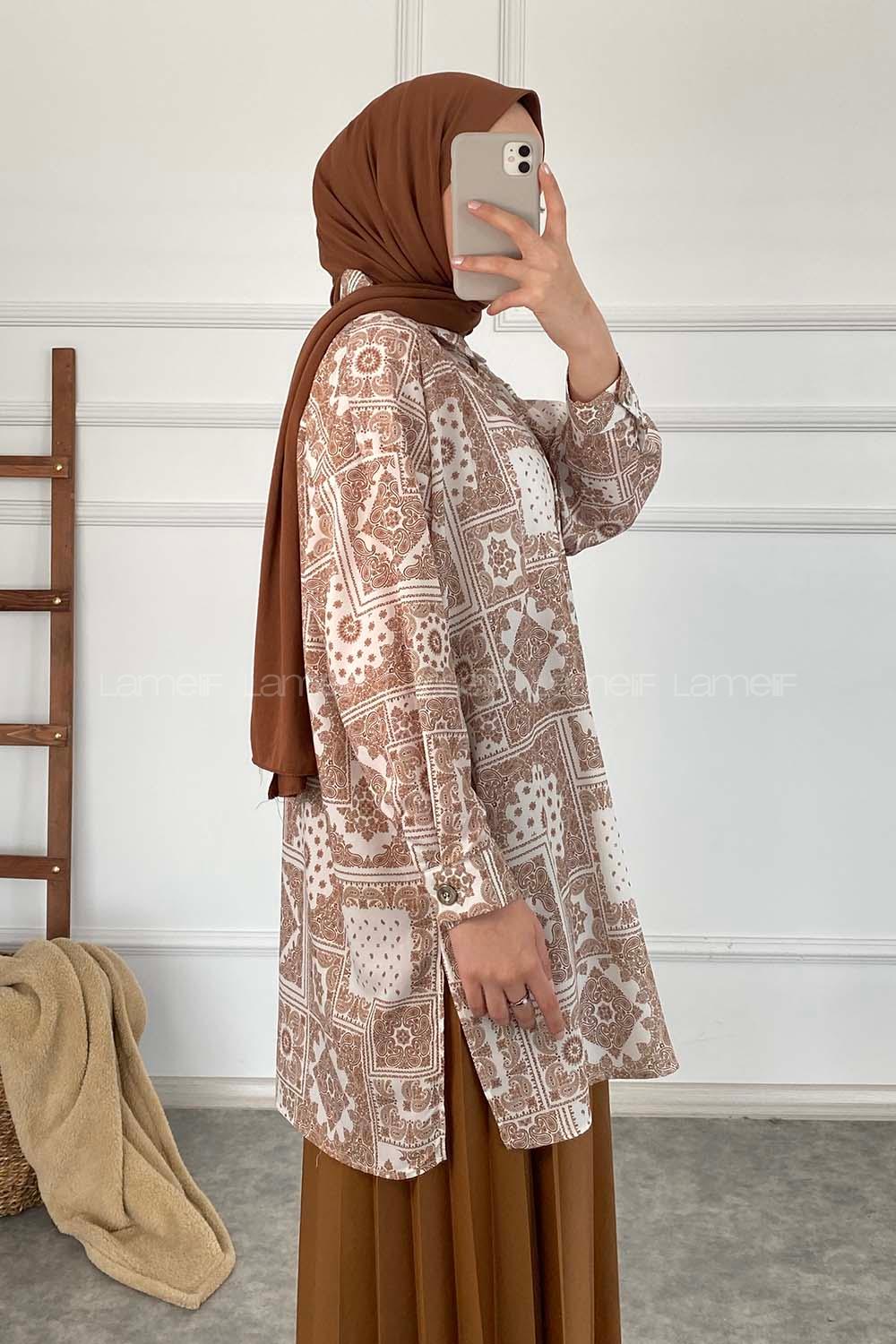 Modalamelif Kilim Desen Dijital Baskı Gömlek Ekru Sütlü Kahve