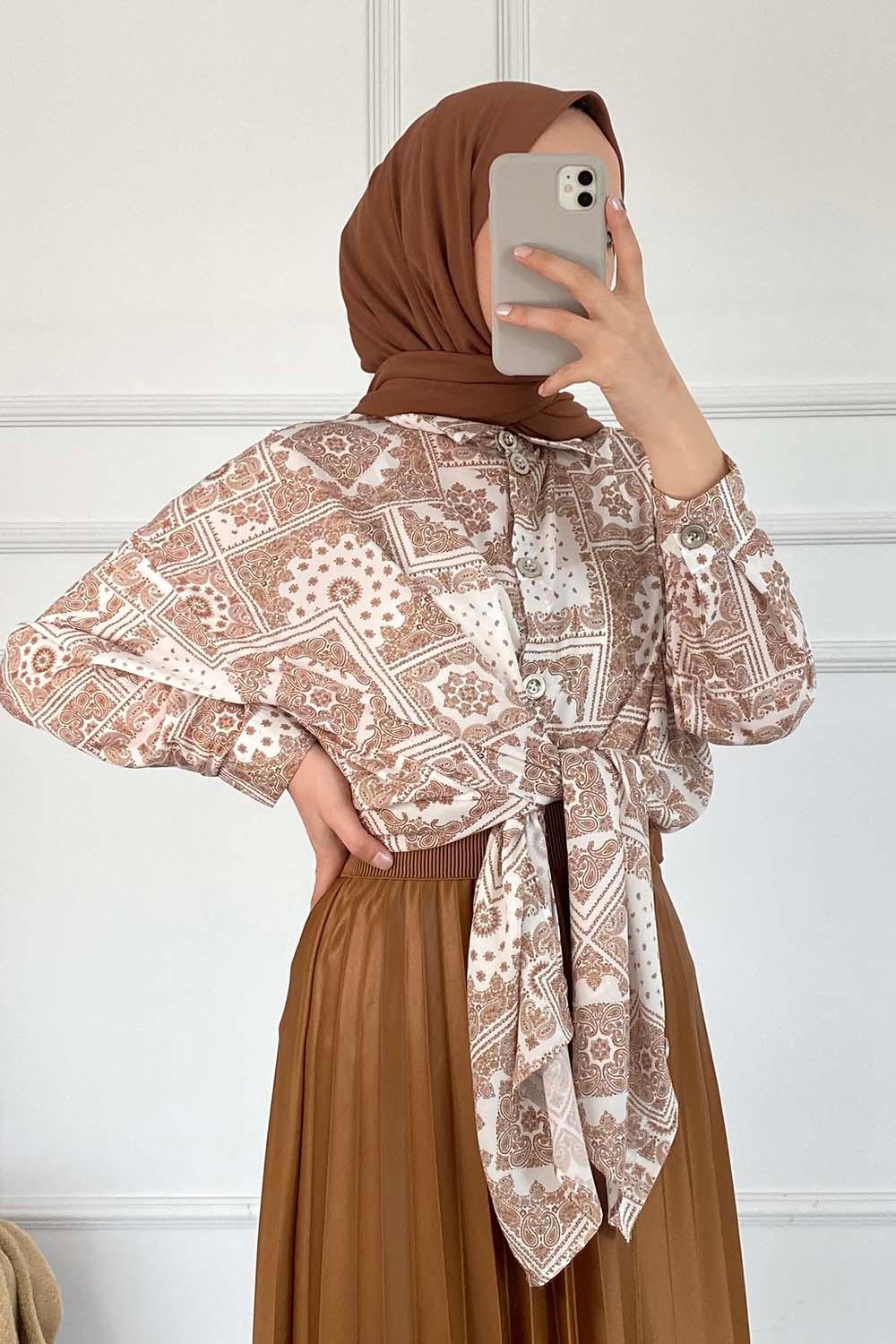 Modalamelif Kilim Desen Dijital Baskı Gömlek Ekru Sütlü Kahve