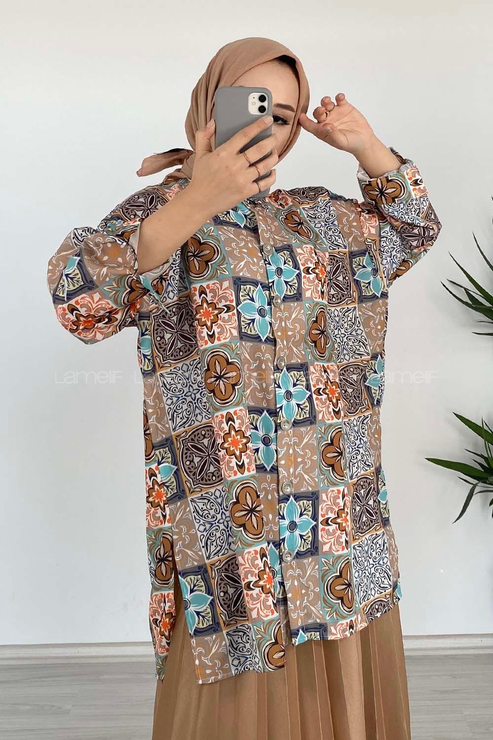 Modalamelif Kilim Desen Dijital Baskı Gömlek Mint