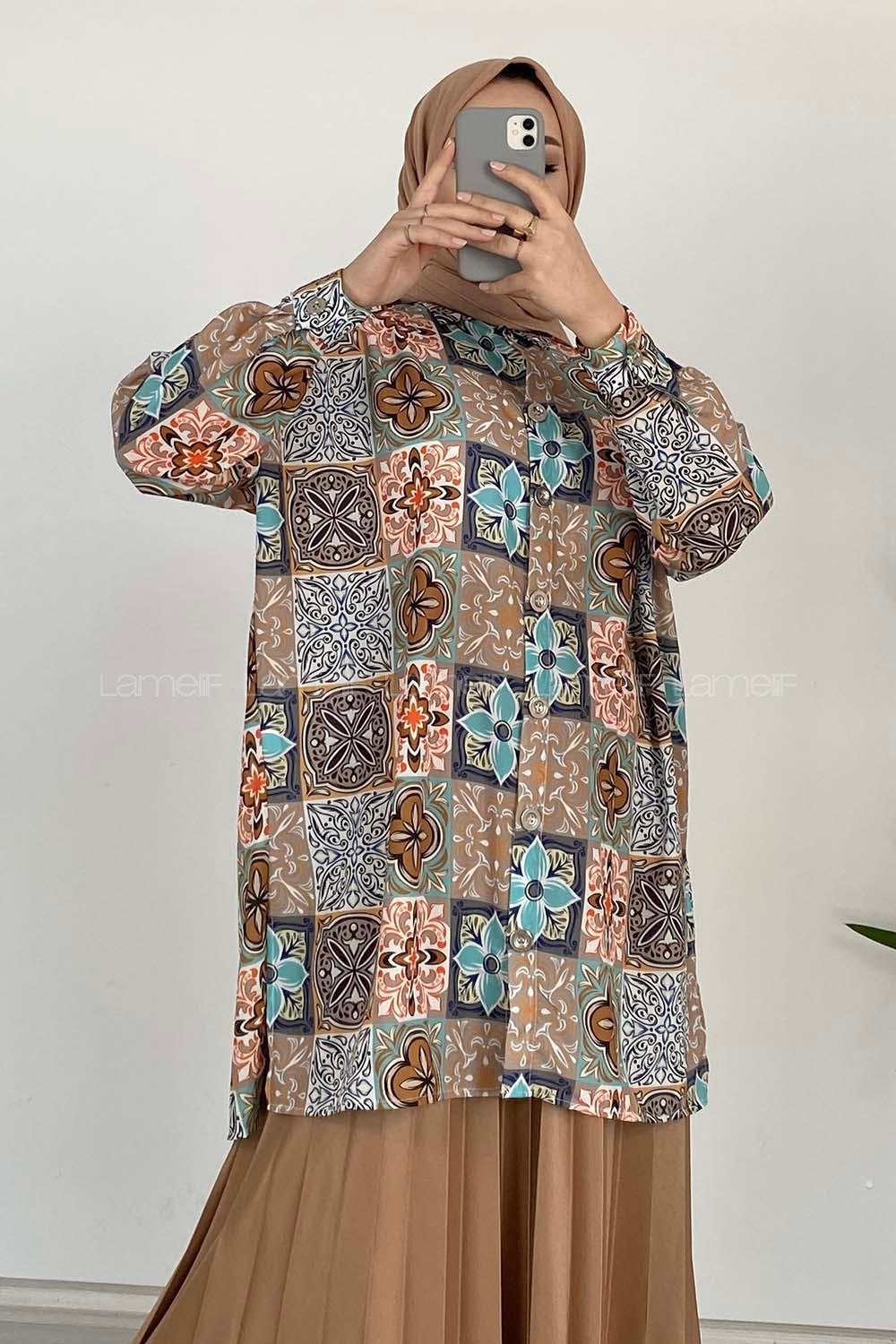 Modalamelif Kilim Desen Dijital Baskı Gömlek Mint